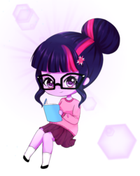 Size: 1331x1663 | Tagged: safe, artist:electricshine, sci-twi, twilight sparkle, equestria girls, g4, beautiful, book, chibi, clothes, cute, female, glasses, hair bun, kpopjunkie is trying to murder us, looking at you, moe, pleated skirt, shirt, shoes, skirt, smiling, smiling at you, socks, solo, sweater, twiabetes