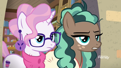 Size: 1920x1080 | Tagged: safe, screencap, minty mocha, raspberry latte, earth pony, pony, unicorn, g4, the parent map, bathrobe, book, bookshelf, bookstore, clothes, discovery family logo, duo, ear piercing, earring, female, glasses, gritted teeth, jewelry, lidded eyes, mare, open door, piercing, robe, scarf, sire's hollow