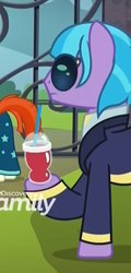 Size: 320x667 | Tagged: safe, screencap, hush slush, sunburst, earth pony, pony, g4, the parent map, clothes, cropped, drinking straw, hoof hold, male, shirt, sire's hollow, smoothie, solo focus, stallion, suit, sunglasses