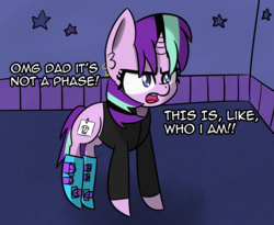 Size: 1935x1585 | Tagged: safe, artist:artiks, starlight glimmer, pony, unicorn, g4, the parent map, boots, dialogue, edgelight glimmer, emo, female, glimmer goth, goth, it's a phase, it's not a phase, piercing, shoes, solo, teenage glimmer, that was fast, younger