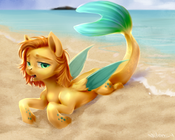 Size: 1280x1024 | Tagged: safe, alternate version, artist:vensual99, oc, oc only, oc:coral charm, sea pony, rcf community, beach, male, ocean, panting, seaquestrian pegasus, solo, stallion