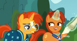 Size: 1172x628 | Tagged: safe, screencap, stellar flare, sunburst, pony, unicorn, g4, the parent map, faic, female, frown, glasses, glowing horn, gritted teeth, horn, magic, male, mare, mother and son, raised eyebrow, raised hoof, scroll, sire's hollow, stallion, sunburst is not amused, telekinesis, that pony sure does love plans, unamused