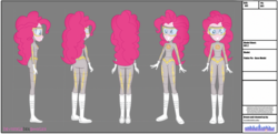 Size: 3879x1881 | Tagged: safe, artist:invisibleink, pinkie pie, equestria girls, g4, boots, clothes, commission, costume, fanfic, fanfic art, female, gloves, goggles, mask, model sheets, production art, shoes, smiling, solo, superhero, superhero humanized, turnaround