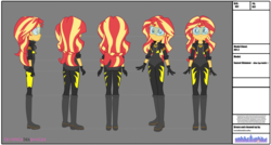 Size: 3501x1881 | Tagged: safe, artist:invisibleink, sunset shimmer, equestria girls, g4, boots, clothes, commission, costume, fanfic, fanfic art, female, gloves, goggles, jacket, leather jacket, leotard, mask, model sheets, production art, shoes, solo, superhero, turnaround