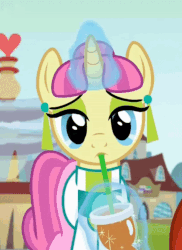Size: 600x823 | Tagged: safe, screencap, carbon fizz, pony, unicorn, g4, the parent map, animated, clothes, cropped, cute, drinking, drinking straw, female, fountain, levitation, magic, mare, shirt, sire's hollow, smoothie, solo, telekinesis