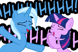 Size: 1050x700 | Tagged: safe, artist:navitaserussirus, edit, trixie, twilight sparkle, pony, unicorn, asktwixiegenies, g4, dialogue, excited, female, lesbian, mare, screaming, ship:twixie, shipping
