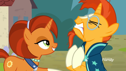 Size: 1920x1080 | Tagged: safe, screencap, stellar flare, sunburst, pony, unicorn, g4, the parent map, angry, beard, cape, clothes, context is for the weak, discovery family logo, duo, eyes closed, facial hair, female, frustrated, glasses, grin, gritted teeth, male, mare, mother and son, out of context, sire's hollow, smiling, stallion