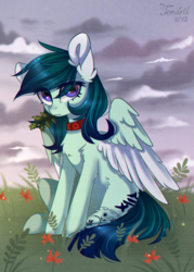 Size: 1024x1434 | Tagged: safe, artist:ten-dril, oc, oc only, pegasus, pony, amputee, collar, female, mare, missing limb, plant, sitting, solo, stump