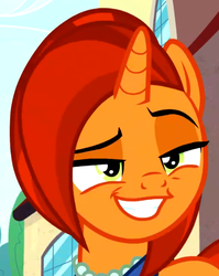 Size: 425x535 | Tagged: safe, screencap, stellar flare, pony, unicorn, g4, the parent map, cropped, dreamworks face, faic, female, grin, lidded eyes, mare, raised eyebrow, sire's hollow, smiling, smug, solo