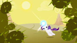 Size: 1440x806 | Tagged: safe, screencap, rarity, pony, unicorn, g4, the cutie mark chronicles, blank flank, cactus, desert, female, filly, filly rarity, floating, glowing horn, horn, lidded eyes, prickly pear, rariquest, rarity being dragged to her destiny, rarity is not amused, solo, unamused, younger