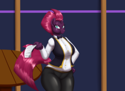 Size: 4812x3500 | Tagged: safe, alternate version, artist:badgerben, artist:blues64, tempest shadow, unicorn, anthro, series:the bottled night, g4, my little pony: the movie, big breasts, bill, breasts, broken horn, busty tempest shadow, clothes, eye scar, female, hand on hip, horn, looking at you, mare, scar, solo, table, waitress
