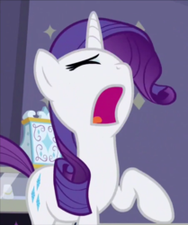Size: 501x599 | Tagged: safe, screencap, rarity, pony, unicorn, fake it 'til you make it, g4, cropped, faic, female, mare, open mouth, raised hoof, smiling, solo