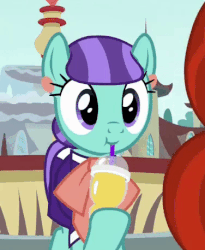 Size: 376x458 | Tagged: safe, screencap, mixed berry, stellar flare, earth pony, pony, g4, the parent map, :t, animated, blinking, clothes, cropped, cute, cuteaberry, drinking, drinking straw, female, fountain, hoof hold, mare, shirt, sire's hollow, smoothie, solo focus