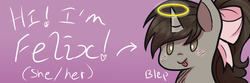 Size: 600x200 | Tagged: safe, artist:lordswinton, oc, oc only, oc:felix, angel, pony, unicorn, :p, adorkable, bow, cute, dork, forum banner, forum signature, halo, intro, introduction, pink, silly, solo, tongue out