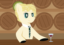 Size: 1024x724 | Tagged: safe, artist:lordswinton, oc, oc only, oc:draco, pony, bar, barrel, bartender, brown, closed species, cocktail, cocktail colt, drink, glass, green, male, necktie, solo, stallion, wine glass