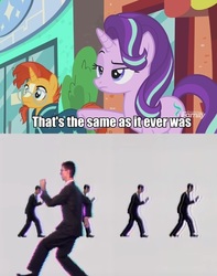 Size: 662x839 | Tagged: safe, edit, edited screencap, screencap, starlight glimmer, sunburst, pony, unicorn, g4, the parent map, david byrne, female, male, mare, once in a lifetime, song reference, stallion, talking heads