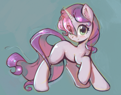 Size: 2800x2187 | Tagged: safe, artist:mirroredsea, sweetie belle, pony, unicorn, g4, alternate hairstyle, blank flank, blushing, ear fluff, female, filly, high res, looking at you, raised hoof, smiling, solo, standing