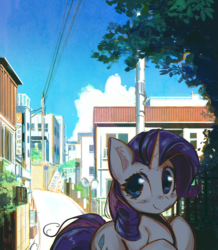 Size: 2436x2800 | Tagged: safe, artist:mirroredsea, rarity, pony, unicorn, g4, building, city, cloud, cute, female, high res, mare, raribetes, sky, smiling, solo, street, tree