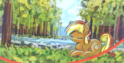 Size: 4450x2253 | Tagged: safe, artist:mirroredsea, oc, oc only, oc:creekseed, earth pony, pony, g4, cute, eyes closed, female, forest, mare, ocbetes, outdoors, prone, river, scenery, smiling, solo, tree