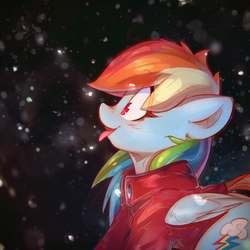 Size: 2800x2800 | Tagged: safe, artist:mirroredsea, rainbow dash, pegasus, pony, g4, blushing, catching snowflakes, clothes, cute, dashabetes, eye clipping through hair, female, folded wings, high res, jacket, mare, multicolored hair, night, open mouth, open smile, outdoors, profile, scarf, smiling, snow, snowfall, solo, tongue out, wings, winter