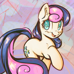 Size: 3000x3000 | Tagged: safe, artist:mirroredsea, bon bon, sweetie drops, earth pony, pony, g4, adorabon, cute, female, high res, looking at you, mare, open mouth, raised hoof, simple background, smiling, solo, sweet dreams fuel