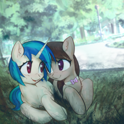 Size: 1600x1600 | Tagged: safe, artist:mirroredsea, dj pon-3, octavia melody, vinyl scratch, earth pony, pony, unicorn, g4, blushing, couple, cute, duo, duo female, eye clipping through hair, eye contact, female, horn, lesbian, looking at each other, looking at someone, lying down, mare, outdoors, park, prone, ship:scratchtavia, shipping, smiling, smiling at each other, tavibetes, vinylbetes