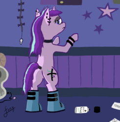 Size: 677x692 | Tagged: safe, artist:fang, derpibooru exclusive, starlight glimmer, pony, unicorn, g4, the parent map, alternate hairstyle, armband, boots, choker, cool s, edgelight glimmer, electric guitar, eyeshadow, female, glimmer goth, goth, guitar, guitar pick, loss (meme), makeup, mare, musical instrument, piercing, shoes, skull, solo, spray paint, tail wrap, teenage glimmer, teenager, that was fast, younger