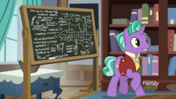 Size: 1366x768 | Tagged: safe, screencap, firelight, pony, unicorn, g4, the parent map, book, bookshelf, chalk, chalkboard, clothes, discovery family logo, male, sire's hollow, stallion