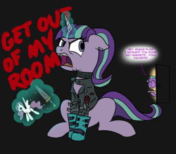 Size: 2160x1905 | Tagged: safe, artist:brisineo, firelight, princess celestia, starlight glimmer, pony, unicorn, g4, the parent map, abuse, angry, boots, braces, celestiabuse, clothes, dagger, dialogue, doll, ear piercing, edgelight glimmer, edgy, emo, equal cutie mark, eyes closed, father and daughter, female, glimmer goth, glowing horn, goth, horn, it's a phase, it's not a phase, jacket, leather jacket, magic, male, mare, open mouth, piercing, punk, shoes, simple background, smiling, stallion, teenage glimmer, teenager, telekinesis, toy, voodoo doll, weapon, yelling
