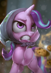Size: 850x1200 | Tagged: safe, artist:assasinmonkey, starlight glimmer, pony, unicorn, g4, the parent map, blanket, blankie, clothes, cookie, digital painting, female, food, headscarf, mare, scarf, solo