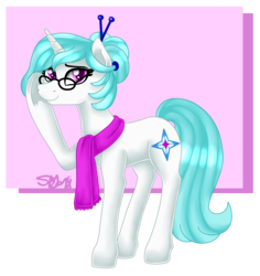 Size: 1588x1681 | Tagged: safe, artist:spokenmind93, oc, oc only, oc:snow star, pony, unicorn, clothes, female, glasses, hair bun, scarf, shy, signature, simple background, solo, transparent background