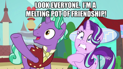 Size: 1920x1080 | Tagged: safe, edit, edited screencap, screencap, firelight, starlight glimmer, pony, unicorn, g4, the parent map, father and daughter, female, image macro, male, mare, melting pot of friendship, meme, sire's hollow, stallion, the man they call ghost, true capitalist radio