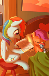 Size: 3300x5100 | Tagged: safe, artist:dmann892, rainbow dash, scootaloo, pegasus, pony, g4, backwards cutie mark, bed, bedroom, blanket, book, chair, cute, cutealoo, eyebrows, eyebrows visible through hair, eyes closed, fanfic, female, filly, hoof hold, implied appledash, implied lesbian, implied shipping, mare, open mouth, pillow, plushie, rainbow dash plushie, reading, scootalove, sitting, smiling, stool
