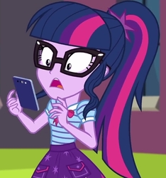 Size: 674x720 | Tagged: safe, screencap, sci-twi, twilight sparkle, equestria girls, equestria girls series, g4, text support, text support: rarity, bowtie, cellphone, clothes, cropped, cutie mark on clothes, female, geode of telekinesis, glasses, jewelry, magical geodes, open mouth, pendant, phone, pocket, polo shirt, ponytail, shocked, shrunken pupils, skirt, smartphone, solo, startled, whoa