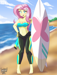 Size: 2625x3500 | Tagged: safe, artist:danmakuman, fluttershy, human, blue crushed, equestria girls, g4, my little pony equestria girls: better together, adorasexy, bandeau, barefoot, beach, belly button, bikini, bikini top, breasts, busty fluttershy, cleavage, clothes, commission, cute, feet, female, fluttershy's wetsuit, high res, looking at you, ocean, open mouth, sand, sexy, shyabetes, solo, surfboard, swimsuit, undressing, wetsuit