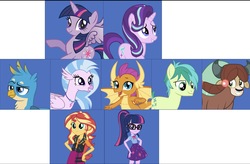 Size: 1765x1157 | Tagged: safe, editor:php77, gallus, sandbar, sci-twi, silverstream, smolder, starlight glimmer, sunset shimmer, twilight sparkle, yona, alicorn, classical hippogriff, griffon, hippogriff, equestria girls, g4, my little pony equestria girls: better together, school daze, cardboard twilight, looking at you, stock vector, twilight sparkle (alicorn)