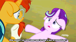 Size: 540x304 | Tagged: safe, screencap, starlight glimmer, sunburst, pony, unicorn, g4, the parent map, animated, double facehoof, duo, facehoof, female, floppy ears, frustrated, male, mare, sire's hollow, stallion, subtitles