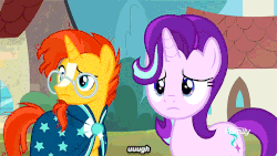 Size: 540x304 | Tagged: safe, screencap, starlight glimmer, sunburst, pony, unicorn, g4, the parent map, animated, falling, female, floppy ears, male, mare, nose in the air, sire's hollow, stallion, subtitles, volumetric mouth