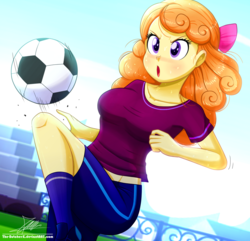 Size: 1160x1120 | Tagged: safe, artist:the-butch-x, orange sherbette, equestria girls, g4, background human, clothes, female, football, open mouth, questionable source, solo, sports, sports training x, sweat