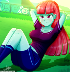 Size: 1120x1160 | Tagged: safe, artist:the-butch-x, melon mint, equestria girls, g4, background human, breasts, busty melon mint, clothes, female, frown, questionable source, sit-ups, solo, sports training x, sweat, workout