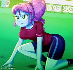 Size: 1160x1120 | Tagged: safe, artist:the-butch-x, crystal lullaby, equestria girls, g4, background human, clothes, female, frown, questionable source, solo, sports training x, sweat
