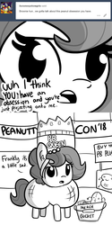 Size: 1650x3300 | Tagged: safe, artist:tjpones, oc, oc only, oc:brownie bun, earth pony, pony, horse wife, ask, blatant lies, comic, denial, denial's not just a river in egypt, dialogue, ear fluff, female, food, grayscale, in denial, mare, monochrome, peanut, peanut butter, simple background, text, tumblr, white background
