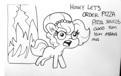Size: 1920x1210 | Tagged: safe, artist:tjpones, oc, oc only, oc:brownie bun, earth pony, pony, horse wife, black and white, chest fluff, dialogue, ear fluff, female, fire, food, grayscale, i have failed the dins, ink drawing, lineart, mare, monochrome, pizza, pizza time, simple background, solo, this ended in fire, this is fine, this will end in death, this will end in pizza time, this will end in tears and/or death, traditional art, white background, xk-class end-of-the-kitchen scenario