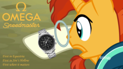 Size: 1920x1080 | Tagged: safe, edit, edited screencap, editor:wild stallions, screencap, sunburst, pony, unicorn, g4, the parent map, ad parody, coat markings, just look at the time, logo, look at the time, male, omega, omega logo, omega speedmaster, socks (coat markings), solo, stallion, sunburst's wristwatch, watch, wristwatch