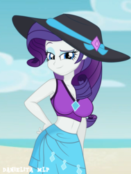 Size: 1024x1352 | Tagged: safe, artist:danielitamlp, rarity, equestria girls, g4, my little pony equestria girls: better together, beach, beach babe, beautiful, belly button, bikini, breasts, busty rarity, cleavage, clothes, cute, female, hat, looking at you, midriff, ocean, raised eyebrow, rarity's blue sarong, rarity's purple bikini, sarong, sassy, solo, sun hat, swimsuit