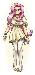 Size: 889x1900 | Tagged: safe, artist:king-kakapo, fluttershy, human, g4, beautiful, blushing, clothes, dress, female, humanized, jewelry, looking at you, necklace, shoes, socks, solo, thigh highs