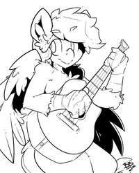 Size: 1200x1500 | Tagged: safe, artist:bbsartboutique, oc, oc only, oc:skysail, hippogriff, chest fluff, ear fluff, guitar, male, smiling, solo, wings