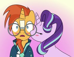 Size: 1579x1209 | Tagged: safe, artist:chiruchiru, starlight glimmer, sunburst, pony, unicorn, g4, blushing, cheek kiss, female, kissing, male, mare, ship:starburst, shipping, smooch, stallion, straight