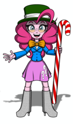 Size: 572x967 | Tagged: safe, artist:pedantczepialski, part of a set, pinkie pie, equestria girls, g4, alternate universe, candy, candy cane, clothes, doll, eqg:tps minis, equestria girls minis, equestria girls: the parody series, female, hat, looking at you, simple background, smiling, solo, top hat, toy, white background