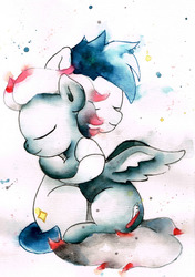 Size: 1600x2275 | Tagged: safe, artist:mashiromiku, pegasus, pony, commission, eyes closed, hug, traditional art, watercolor painting